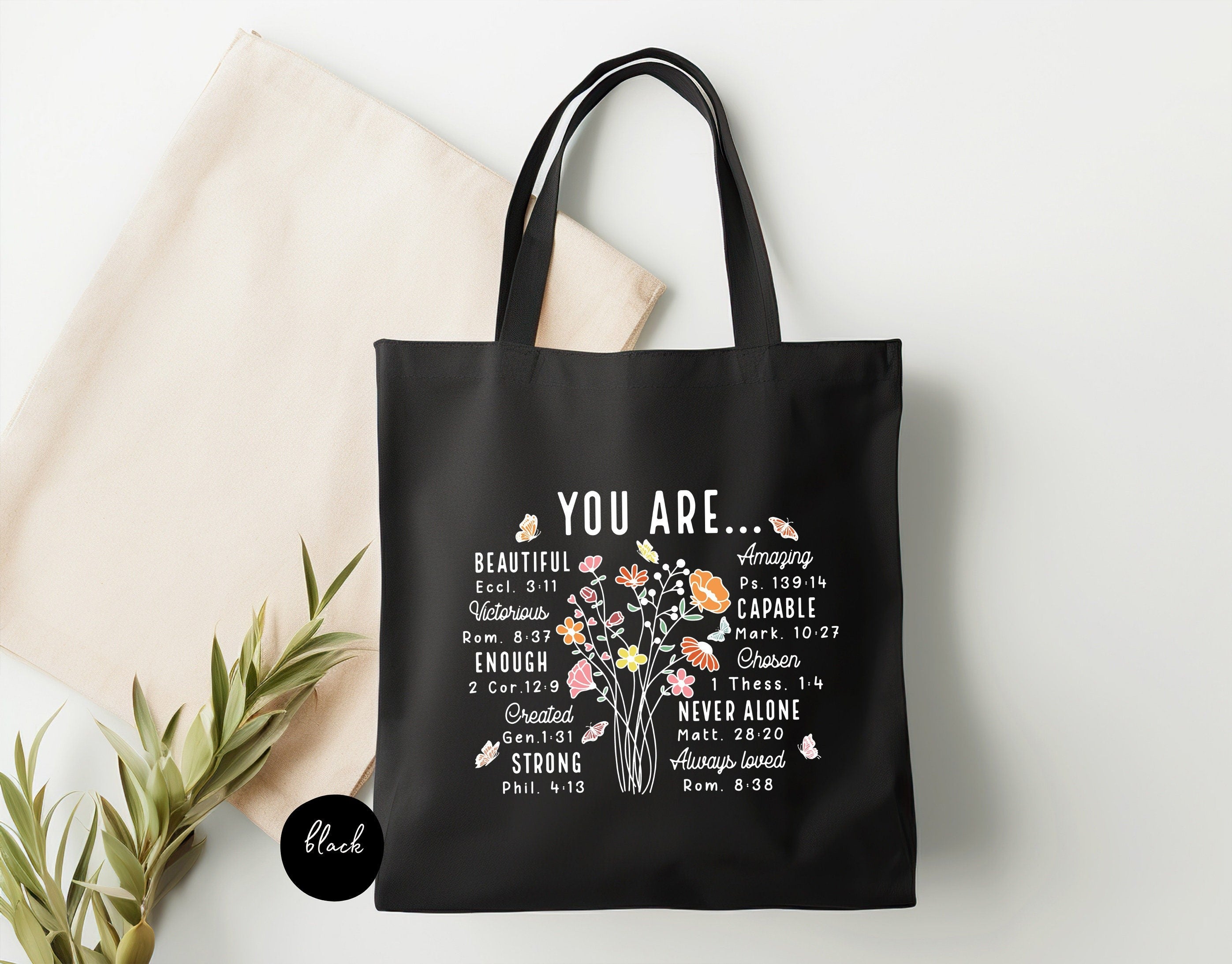 You Are Inspirational Tote Bag – Christian Canvas Tote – Bible Verse Floral Design – Faith-Based Gift for Women – Religious Gift – Christian Accessorie